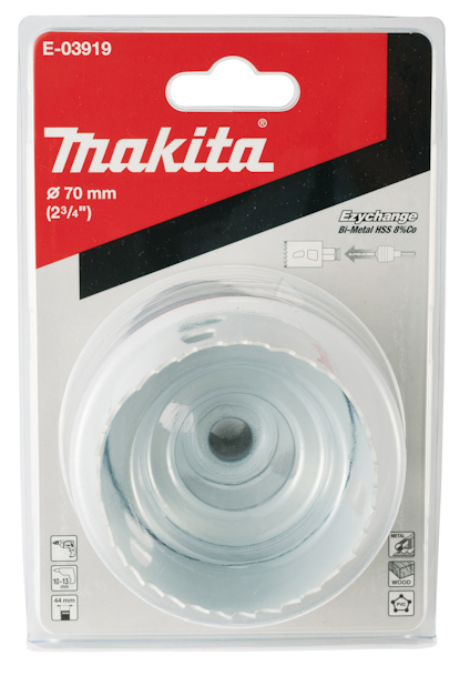 Förpackning med Makita hålsåg, Ø 70 mm, med röd och silver grafik.