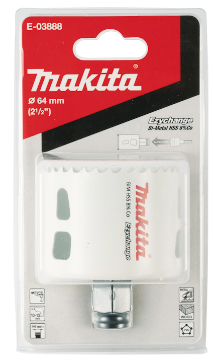 Förpackning med Makitas hålsåg, 64 mm diameter, E-03888, för bi-metall HSS.