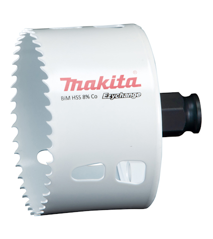 Hålsåg med vit kropp, text "Makita BiM HSS 8% Co Ezychange" och svart fäste.