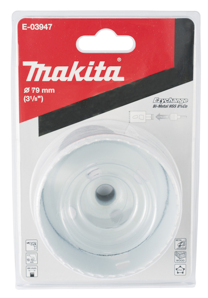 Förpackning med Makita hålsåg, 79 mm (3 1/8"), modell E-03947, med information och logotyper.