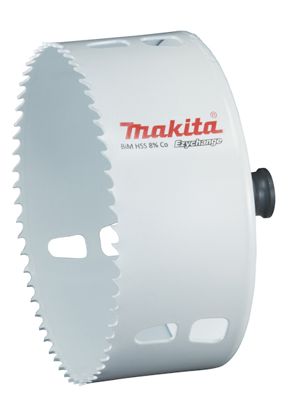 Vit hålsåg med tandad kant och märkning "Makita BIM HSS 8% Co Ezychange" i rött och grått.