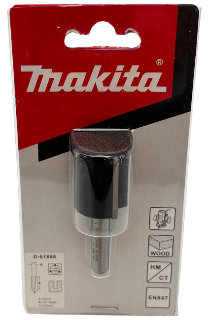 Förpackning med en Makita notfräs, etikett märkt med "Makita" och symboler för träbearbetning.
