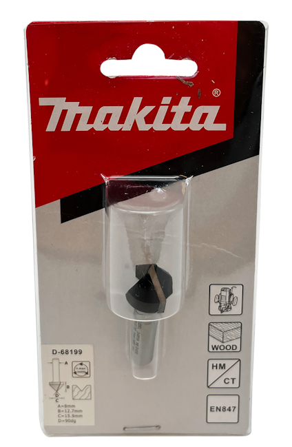 Förpackning med Makita halkälsfräs, modell D-68199, visar verktyg och logotyp.