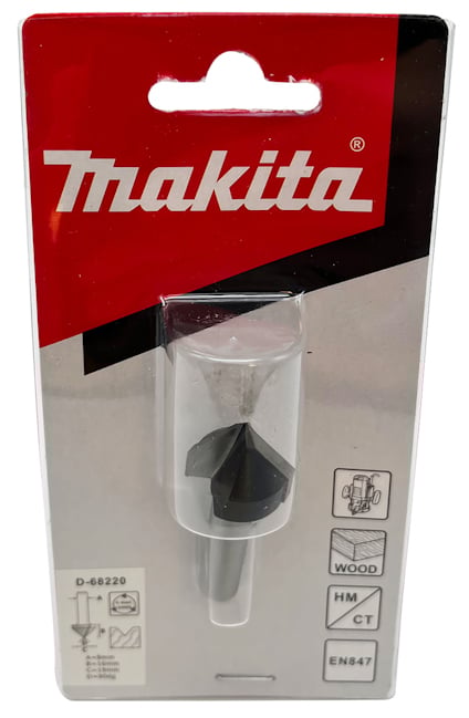 Förpackning med ett Makita notfräs, röd och vit design, med synlig verktygsspets och produktinformation.