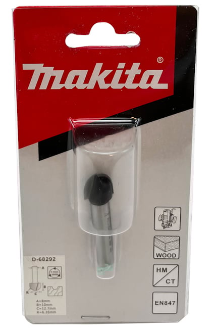 Förpackning med Makita hålkälsfräs på blisterkort, inkl. logotyp och illustrationer för användning med trä.