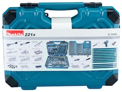 Blå verktygslåda med Makita-logga, modell 221x, innehållsbilder av skruvmejslar och bits. Art.nr: E-10883.
