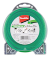 Grön trimmertråd i förpackning med etikett ”Makita Four-Leaf Line Ø 2.0mm-15m”. Etiketten har även ikoner och streckkod.