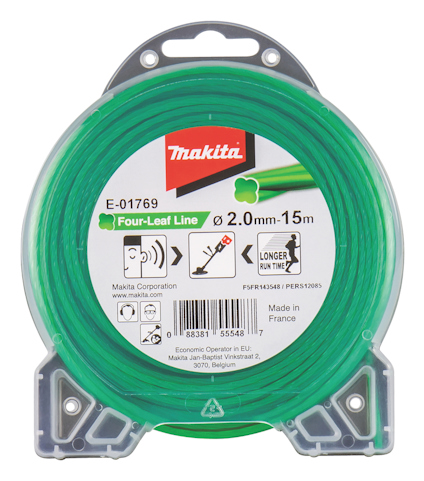 Grön trimmertråd i förpackning med etikett ”Makita Four-Leaf Line Ø 2.0mm-15m”. Etiketten har även ikoner och streckkod.