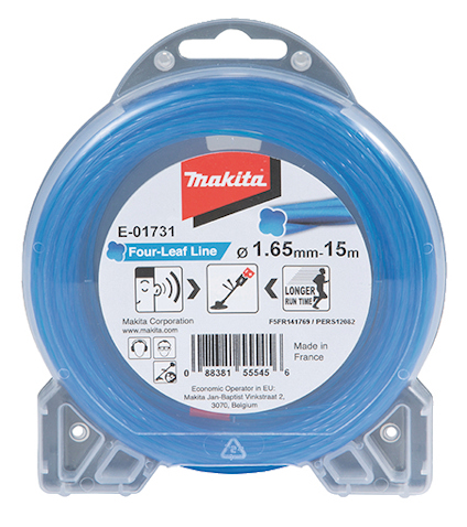 Förpackning med blå trimmertråd, märkt Makita Four-Leaf 1,65mm x 15m.