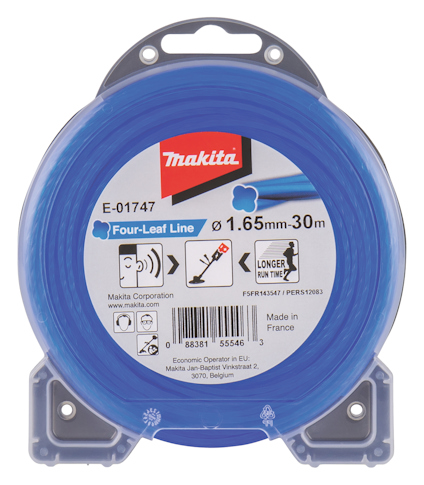 Blå trimmertråd i plastvinda med etikett som visar logotypen Makita och texten "Four-Leaf Line, Ø 1.65mm-30m".