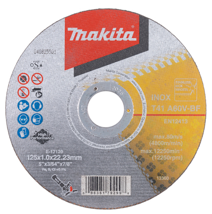 Kapskiva med texten "Makita" och specifikationer, inklusive symboler och referensnummer på etiketten.