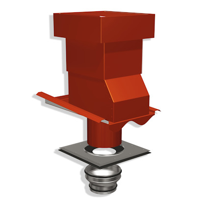 Ventilationshuv i tegelröd färg med kvadratisk form och röranslutning.