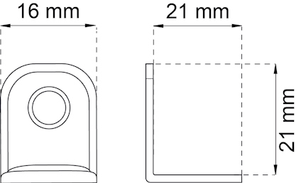 Diagram av en L-formad komponent med måtten 16 mm bred, 21 mm djup och 21 mm hög.