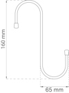Ritning av en S-formad krok med måtten 160 mm hög och 65 mm bred.
