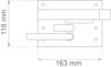 Ritning av en dörrlås med mått: 118 mm höjd och 163 mm bredd.