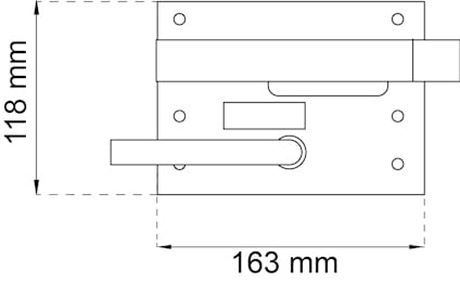 Ritning av en dörrlås med mått: 118 mm höjd och 163 mm bredd.