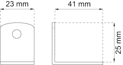 Teknisk ritning av en rektangulär metalldel med måtten 23 mm och 41 mm, samt en höjd på 25 mm.