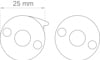 Ritning av två cirkulära objekt med tre hål vardera, en med angiven diameter på 25 mm.