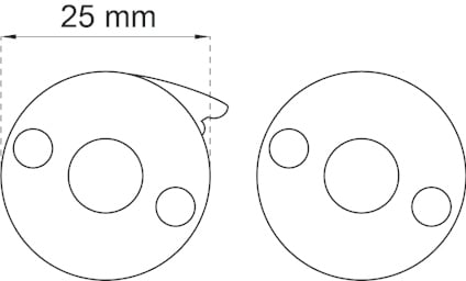 Ritning av två cirkulära objekt med tre hål vardera, en med angiven diameter på 25 mm.