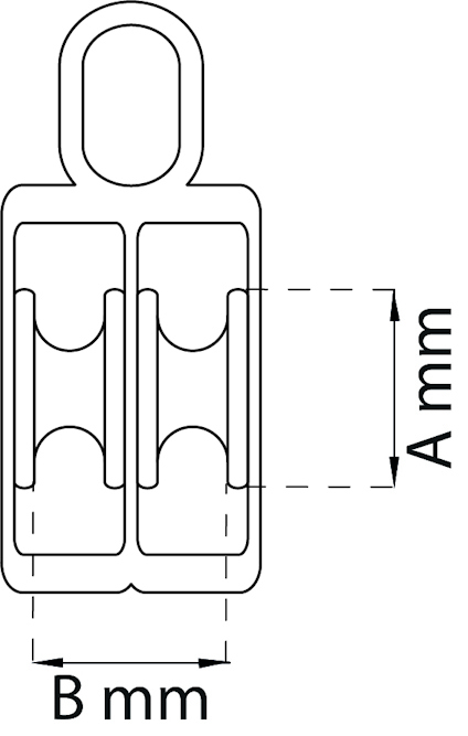 Diagram över dubbelhjulig talja med måttangivelser A mm och B mm.