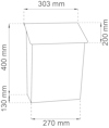 Illustration av en låda med måtten 303 mm bred, 400 mm hög, och 270 mm djup.