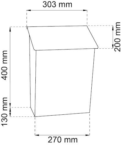 Illustration av en låda med måtten 303 mm bred, 400 mm hög, och 270 mm djup.