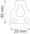 Ritning av en metallkomponent med måtten 40 mm höjd och 25 mm bredd, visande två hål och en central slits.