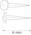 Ritning av en spik från två vinklar, med längd markerad som A mm.