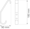 Ritning av krok i profil och frontalvy med mått: 90 mm bredd och 180 mm höjd.