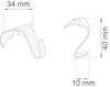 Ritning av en krok med måtten 34 mm bred och 40 mm hög, med en öppning på 10 mm.