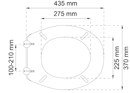 Toalettsitsritning med mått: 435 mm längd, 370 mm bredd. Fästavstånd: 100-210 mm. Innerdiametrar: 275 mm och 225 mm.