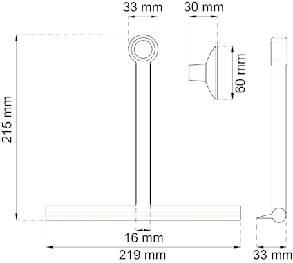 Teknisk ritning av en T-formad komponent med mått: 215 mm höjd, 219 mm bredd, 16 mm djup, och andra detaljerade mått.