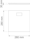 Ritning av kvadratiskt objekt 280x280 mm, höjd 30 mm, med en mindre rektangulär detalj på ovansidan.