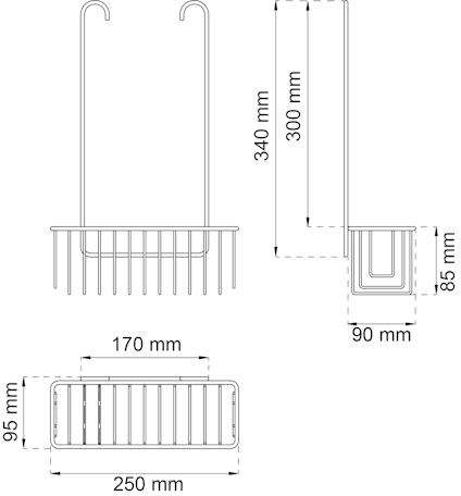Ritning av en hängande korg med mått: 250x95 mm, höjd 340 mm. Korgen är 170 mm bred och 90 mm djup.