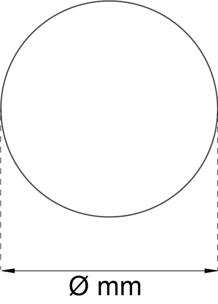 Cirkel med texten "Ø mm" under, vilket indikerar diameter i millimeter.