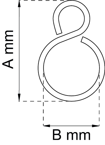 Diagram föreställande en metallögla med måtten A mm i höjd och B mm i bredd.
