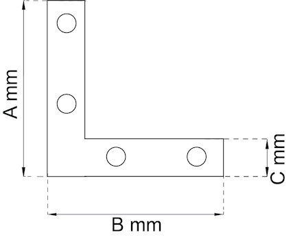 Skiss av ett L-format hörnbeslag med hål markerade, mått A mm, B mm och C mm.