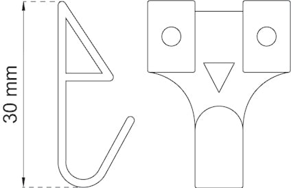 Ritning av en krok med mått 30 mm. Kroken har två hål för montering.