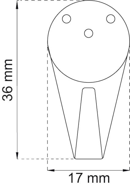 Skiss av ett objekt med måtten 36 mm i höjd och 17 mm i bredd, med cirkulär topp och avsmalnande bas.
