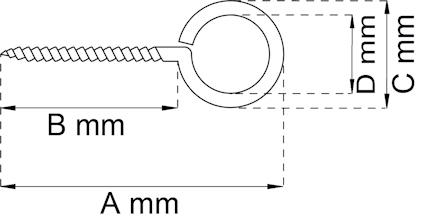 Ritning av en skruvögla med mått A, B, C och D angivna i millimeter.