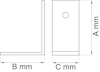 Diagram av en L-formad metallvinkel med måtten A, B och C i mm, och ett hål i den vertikala delen.