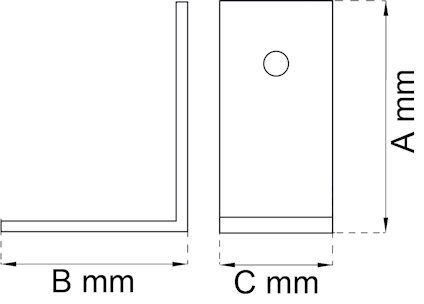 Diagram av en L-formad metallvinkel med måtten A, B och C i mm, och ett hål i den vertikala delen.