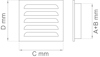 Diagram av ventilationsgaller med mått C mm på bredden, D mm på höjden och A+B mm på djupet.
