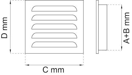 Diagram av ventilationsgaller med mått C mm på bredden, D mm på höjden och A+B mm på djupet.