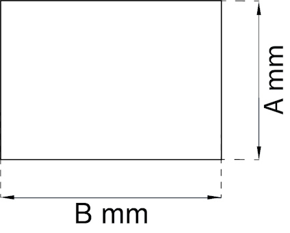 Ritning av en rektangel med måtten A mm (höjd) och B mm (bredd). Pilar indikerar dimensionerna.