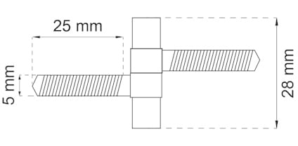 Ritning av en skruv med en rektangulär bricka, totalt 28 mm lång, skruv 25 mm, bricka 5 mm.
