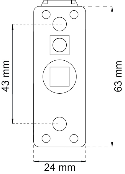Ritning av en rektangulär platta med måtten 24 mm x 63 mm, visande hål och mätlinjer.