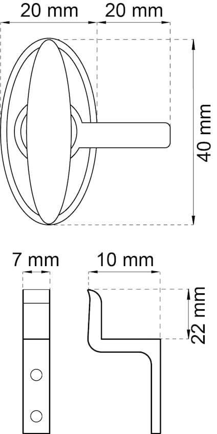 Ritning av beslag med mått: 40 mm höjd, 20 mm och 22 mm bred, 10 mm djup, 7 mm tjocklek.