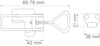 Ritad låsmekanism med mått: 68-78 mm längd, 42 mm bredd, nyckel 21 mm; hake 26 mm bredd med infästningar.
