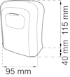Illustration av en kantig enhet med måtten 115 mm höjd, 95 mm bredd och 40 mm djup.